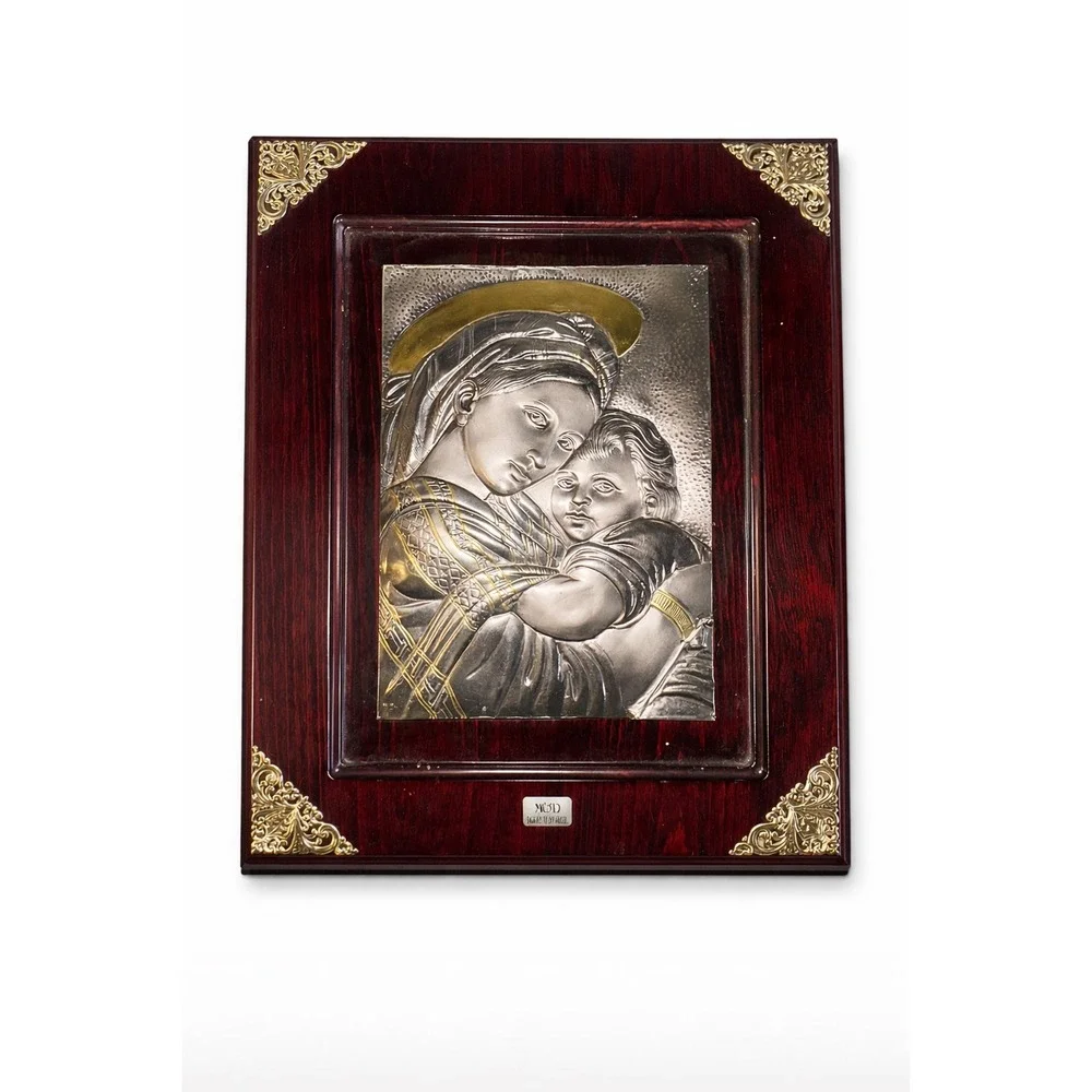 Madonna Child Plaque 16x13 Silver Plated Icon Catholic Wall Art Italy Wood Frame